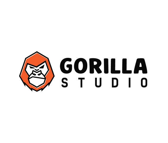 Djärv spellogotyp med gorillamaskot