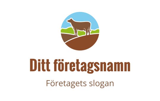 Cirkulär logotypdesign med en brun ko mot en blå himmel och grön landskap