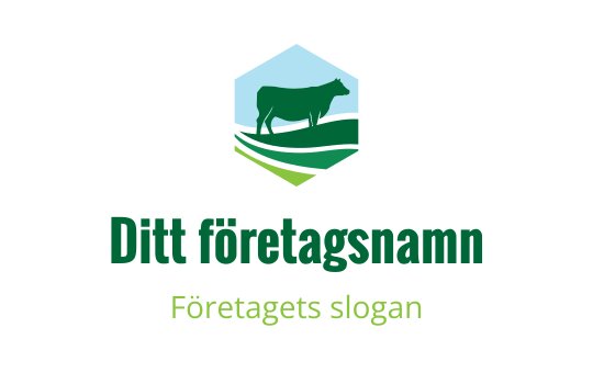 Sexkantig logotypdesign med en grön ko och böljande kullar