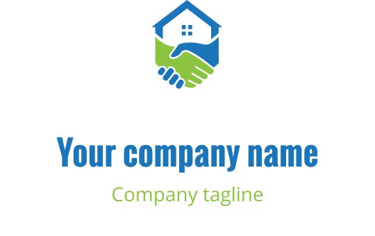 Modern logotypdesign med ett hus och ett handslag i blått och grönt