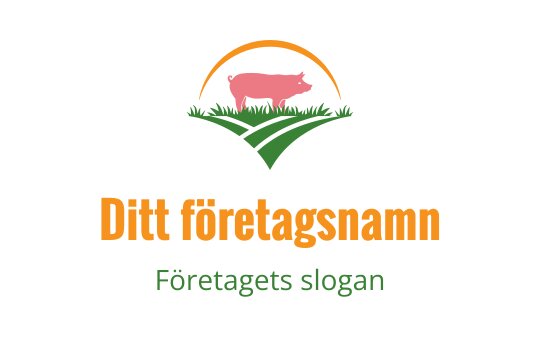 Färgglad logotypdesign med en rosa gris ovanför gröna fält och en orange båge