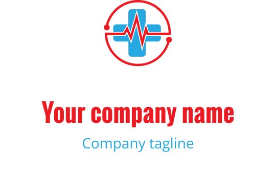 Modern logotypdesign med ett blått medicinskt kors och en hjärtslaglinje