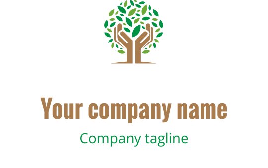 Modern logotypdesign med ett träd, gröna blad och händer