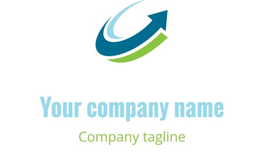 Dynamisk logotypdesign med en blå pil och gröna virvlar
