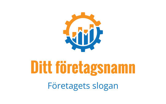 Modern logotypdesign med ett kugghjul och stapeldiagram i blått och orange