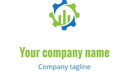 Modern logotypdesign med ett kugghjul och stapeldiagram i grönt och blått