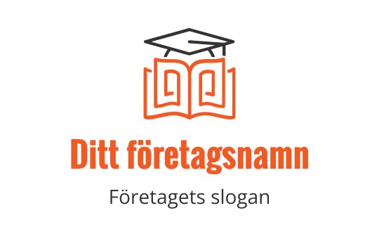 Modern logotypdesign med en öppen bok och examenshatt i orange och svart