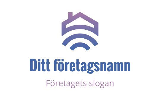 Modern logotypdesign med en hus-silhuett och signalvågor i blått och lila