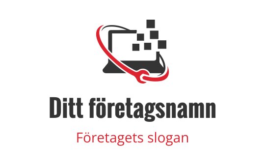 Modern logotypdesign med en dator, röd svängning och pixelelement