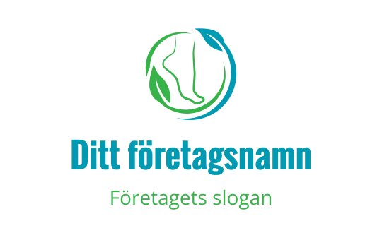 Modern logotypdesign med en fot omgiven av gröna blad och blå accenter