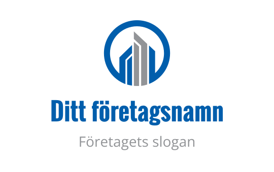 Modern logotypdesign med stiliserade byggnader inom en cirkulär blå kontur