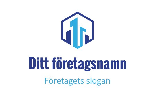 Modern hexagonal logotyp med stiliserade blå bokstäver och fet typografi