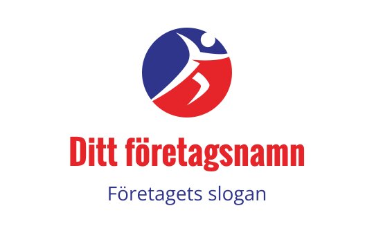 Dynamisk logotypdesign med en röd och blå cirkulär form och en figur i rörelse