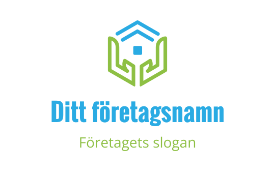 Modern logotypdesign med ett hus och händer i grönt och blått
