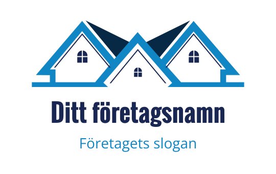 Modern logotypdesign med tre stiliserade blå hus med fönster