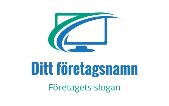 Modern logotypdesign med en datorskärm och dynamiska gröna och blå kurvor