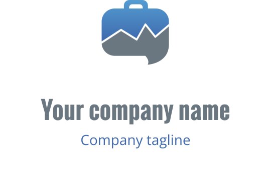 Modern logotypdesign med en resväska och bergsgrafik i blå nyanser