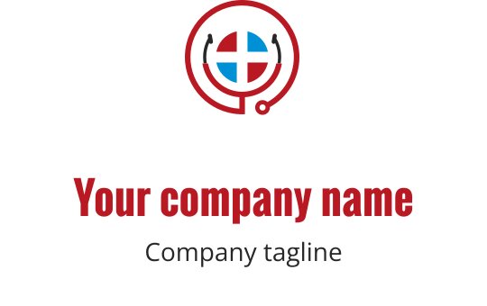 Modern logotypdesign med en cirkulär röd och blå måltavla med ett headset