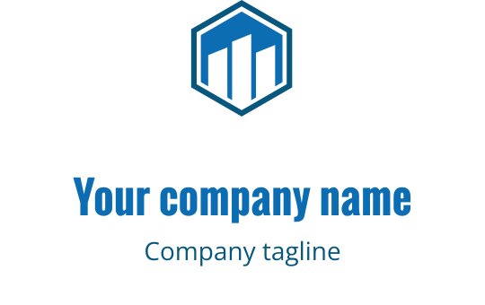 Modern hexagonal logotyp med abstrakta byggformer i blått