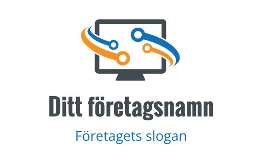 Modern logotypdesign med en datorskärm och dynamiska blå och orange linjer