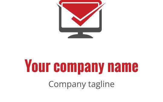 Modern logotypdesign med en datorskärm och bock i röd och grå