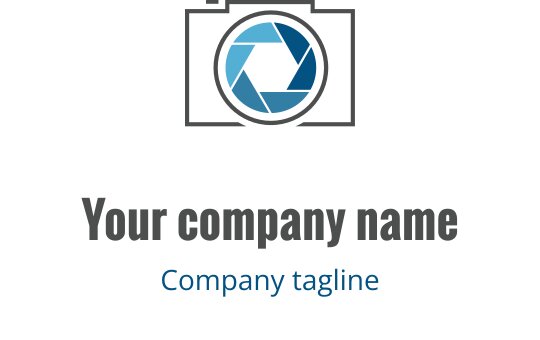 Modern logotypdesign med en stiliserad kameralinse i grått och teal