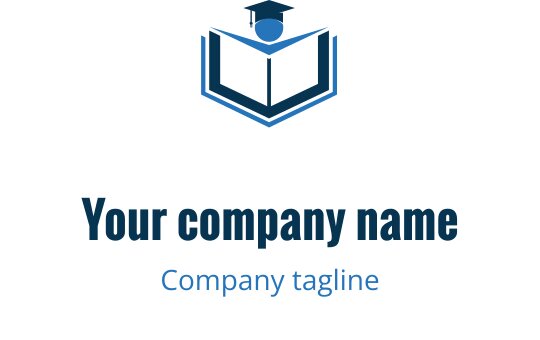 Modern blå logotypdesign med en öppen bok och examenshatt