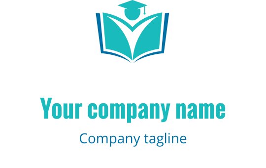 Modern logotypdesign med en öppen bok och examenshatt i teal