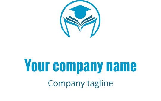 Modern logotypdesign med en öppen bok och examenshatt i blått