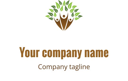 Modern logotypdesign med ett träd, mänskliga figurer och gröna löv