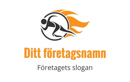 Dynamisk logotypdesign med en löpare och lågor i orange och svart