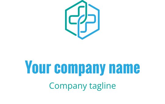 Modern hexagonal logotyp med en stiliserad medicinsk kors i teal