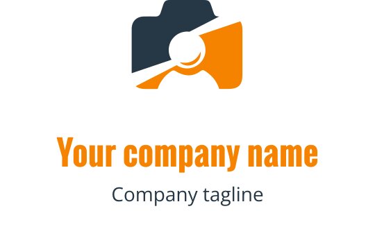 Minimalistisk marinblå och orange logotypdesign med en stiliserad kamera