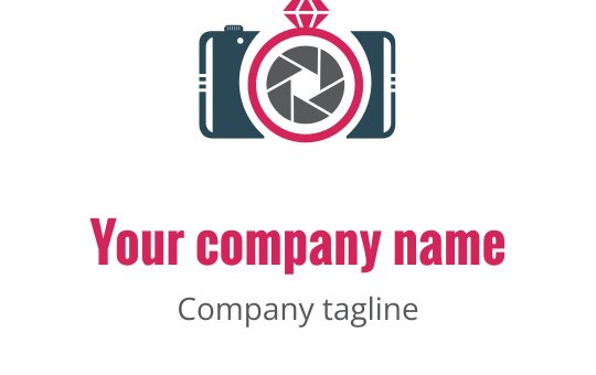 Kreativ logotypdesign med en turkos kamera med röda accenter och grå detaljer