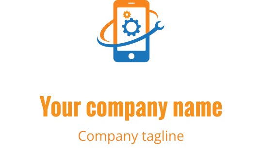 Teal och orange logo design med en stiliserad mobil enhet och reparationsverktyg