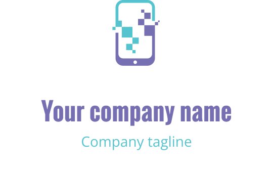 Modern logotypdesign för smartphone med pixelerade element i lila och teal