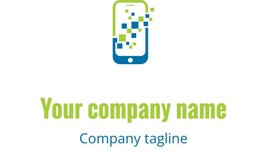 Modern smartphone logotypdesign med pixelerade element i grönt och blått