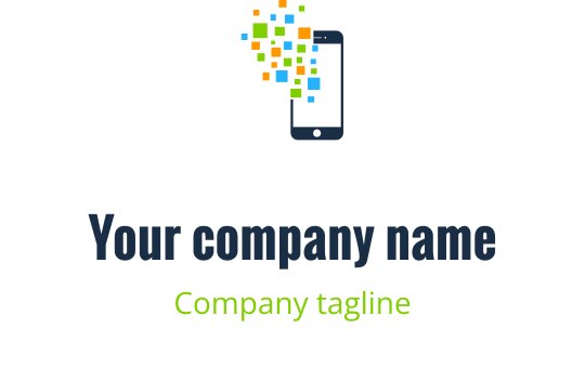 Modern logotypdesign med en smartphone och färgglada pixelelement