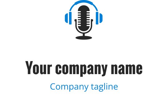Modern mikrofon logotypdesign med blå hörlurar och fet text