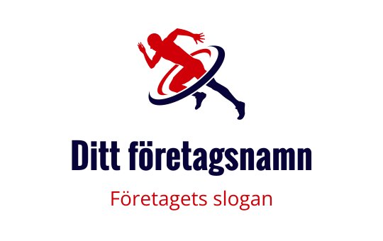 Dynamisk logotypdesign med en löpande figur och ett cirkulärt element i röd och blå