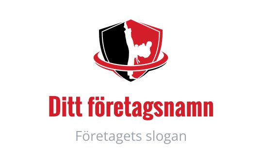 Fet sköldlogo med röd kontur och cirkulära detaljer