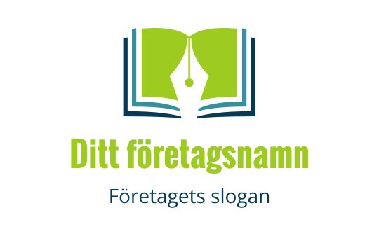 Öppen bok logo design med en grön pennspets och blå accenter
