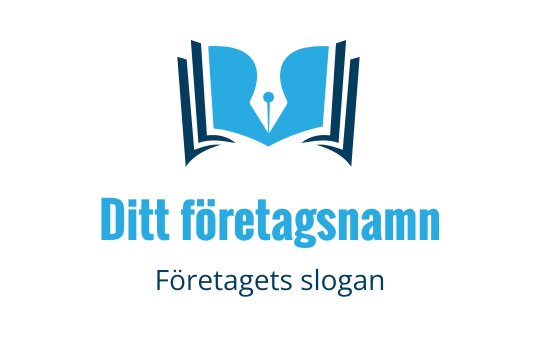 Öppen bok logo design med en fjäder i blå nyanser