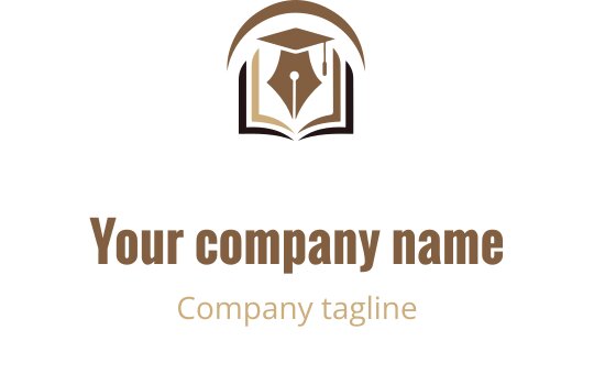 Elegant logotypdesign med en fjäderpenna och en öppen bok i bruna nyanser