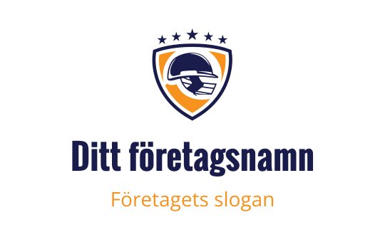 Fet sköldlogo med en hjälm och stjärnor i marinblått och orange