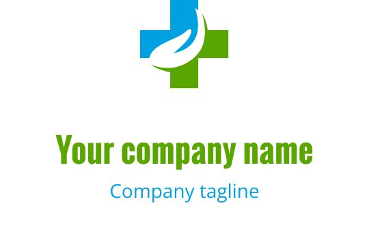 Modern logotypdesign med gröna blad och blå kors-element