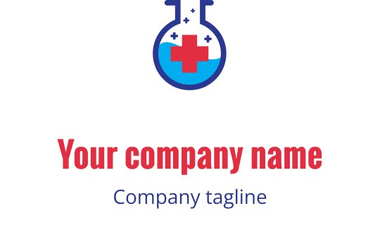 Modern logotypdesign med en laboratorieflaska, röd kors och blå vätska