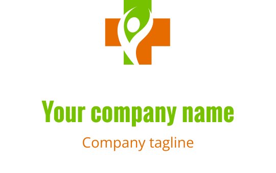Modern logotypdesign med ett grönt och orange kors samt en dynamisk figur