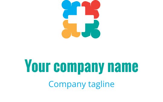 Färgglad logotypdesign med överlappande former och ett centralt plustecken
