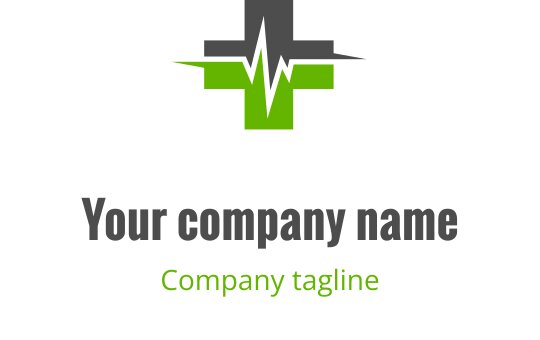 Modern logotypdesign med ett grönt kors och en hjärtslagslinje